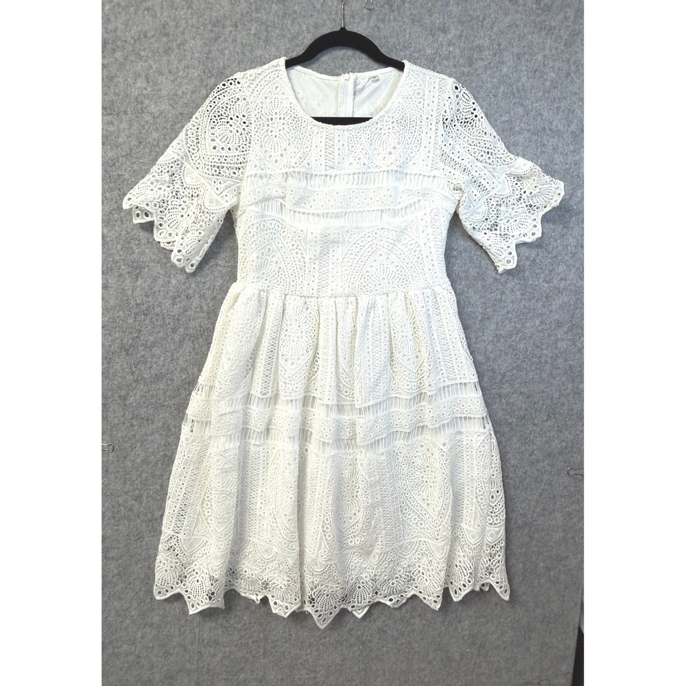 Journey Wear For Life White Lace Eyelet Fit and Flare Dress Short‎ Sleeve Small